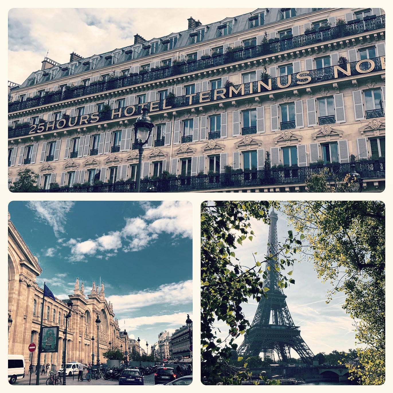 Three small pictures. On the top you can see the front of the 25hours Hotel Terminus at Gare du Nord. On the bottom you see the building of Gare du Nord and a view over the Seine to the Eiffel tower.